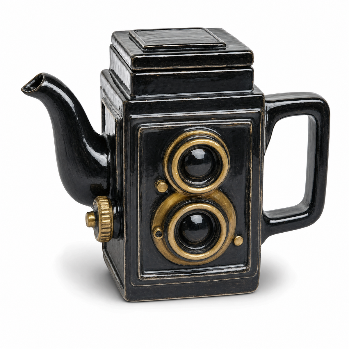 Camera Teapot: a ceramic twin-lens camera in glossy black with brass lens rings, a curved spout and a squared handle