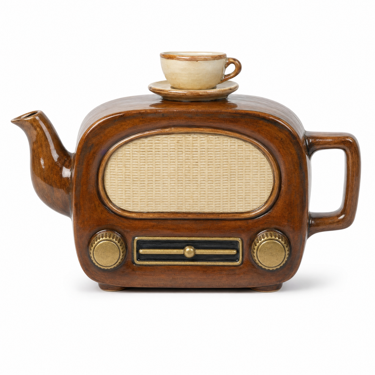 Radio Teapot: a ceramic 1950s valve radio in walnut brown with a cream speaker panel, brass knobs and a cup and saucer forming the lid