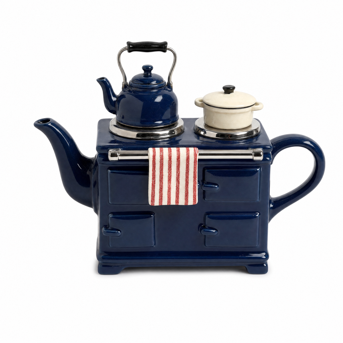 Range Cooker Teapot in navy: a ceramic cast-iron range with a kettle lid, a red striped tea towel on the rail and a cream pot on the hob