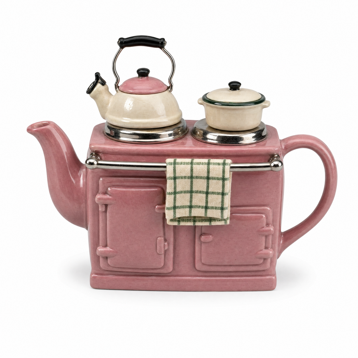 Range Cooker Teapot in dusty pink: a ceramic cast-iron range with a matching kettle lid, a green checked tea towel and a cream pot on the hob