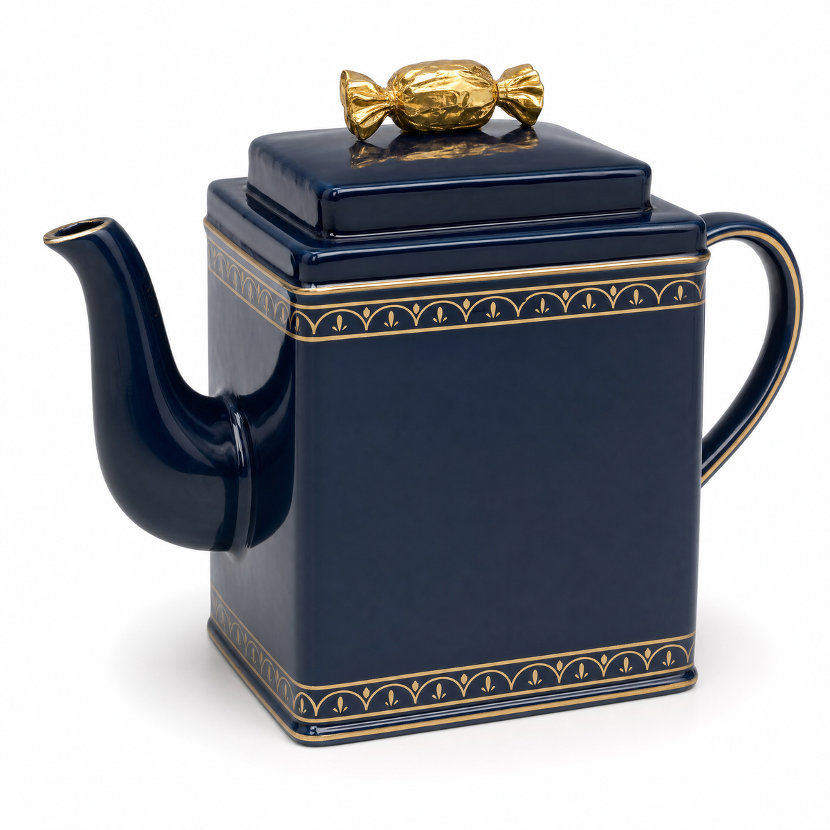 Sweet Tin Teapot: a square navy ceramic tin with hand-painted gold borders and a gold wrapped-sweet lid finial