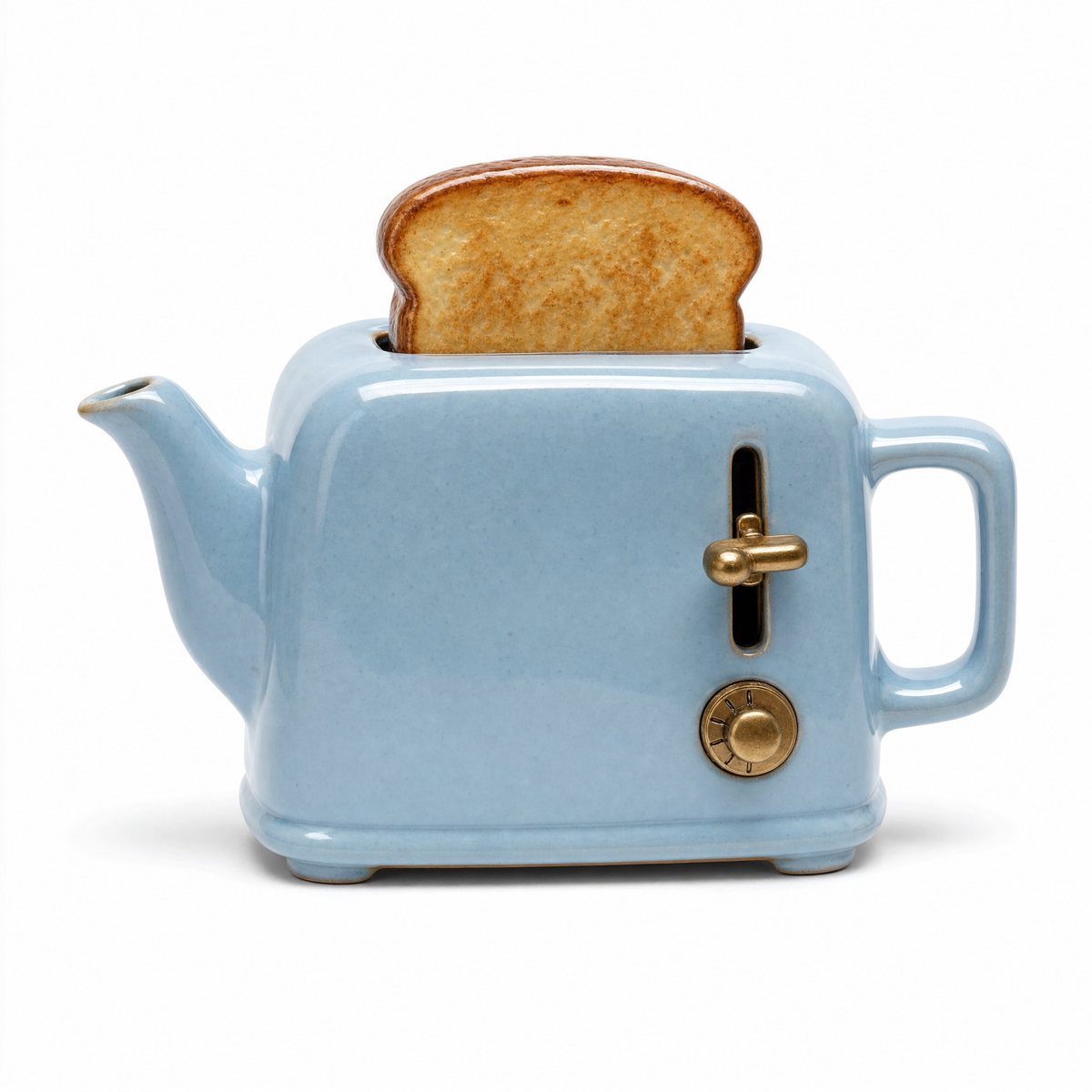 Toaster Teapot in powder blue, one cup: a ceramic single-slot toaster with one slice of toast forming the lid