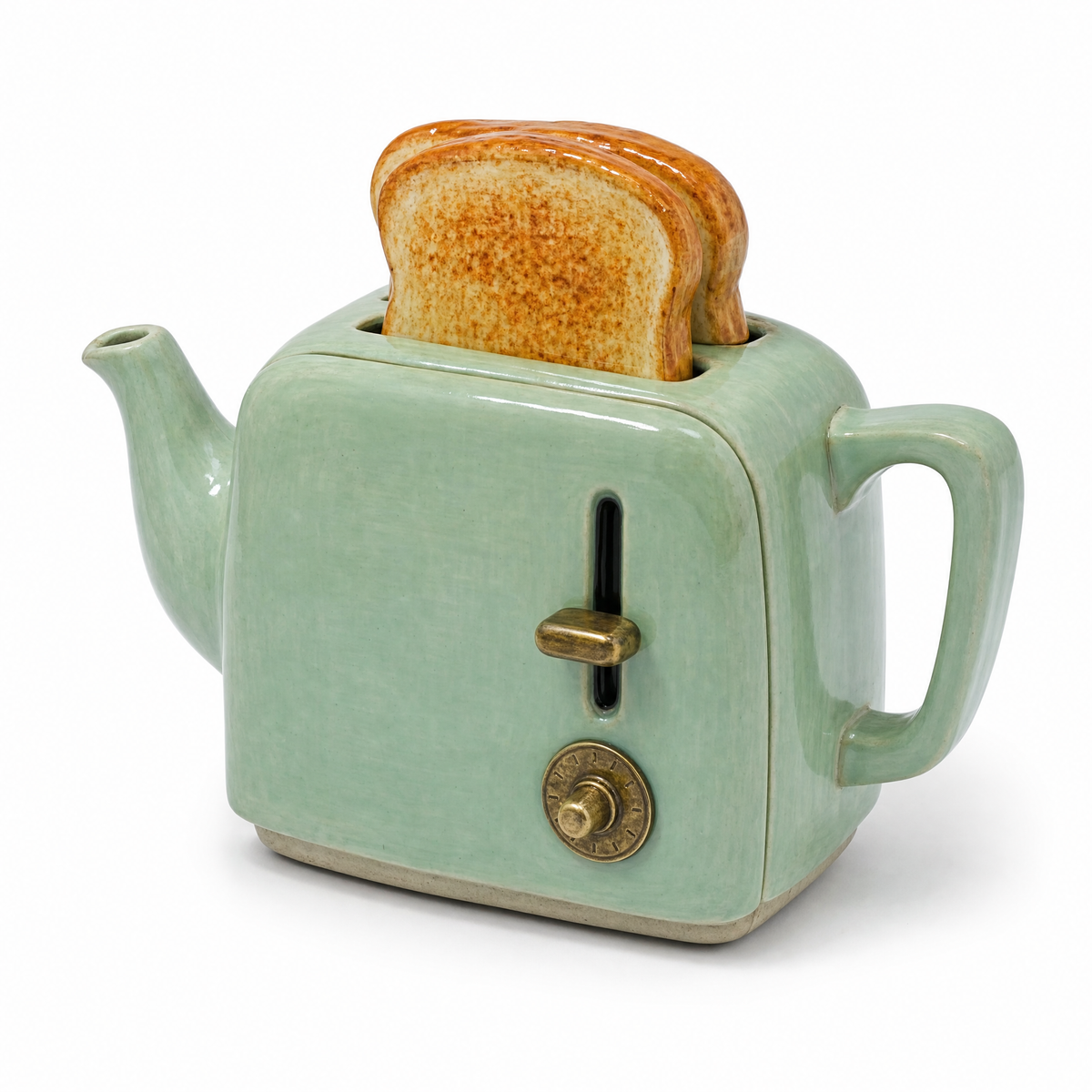 Toaster Teapot in celadon green: a ceramic two-slot toaster with two slices of toast forming the lid and a brass lever and dial